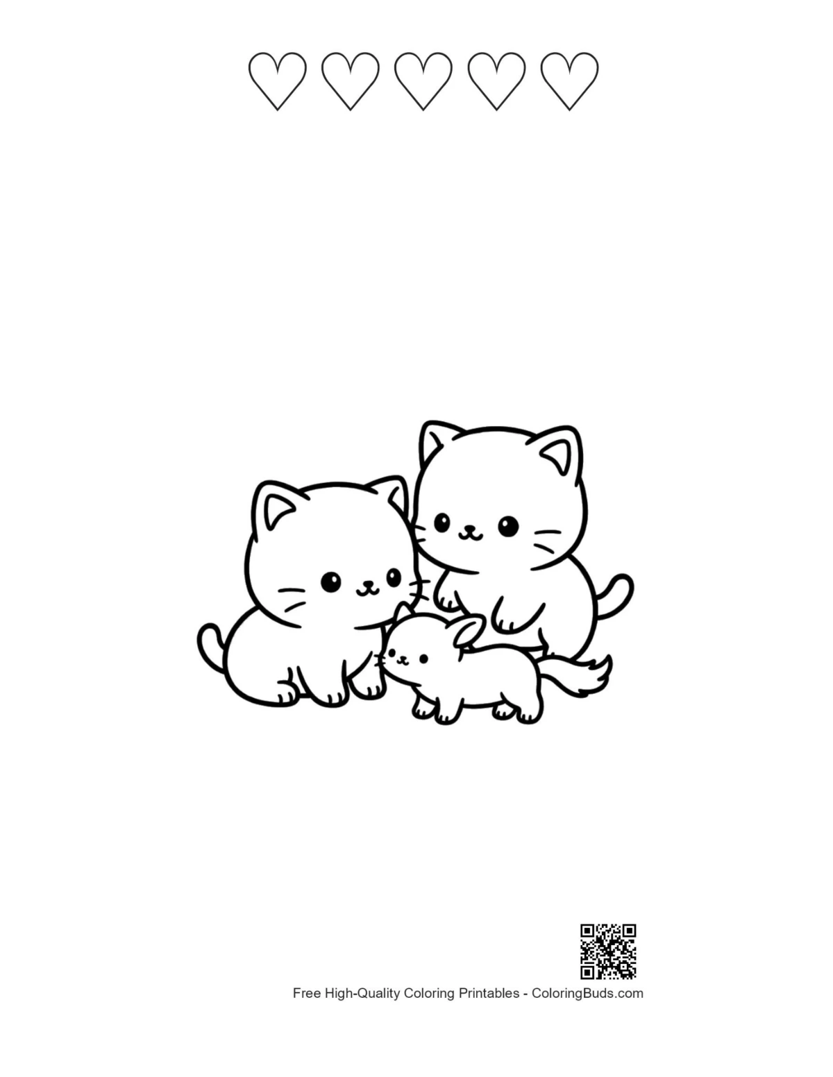Chibi cat family cuddle with heart outlines