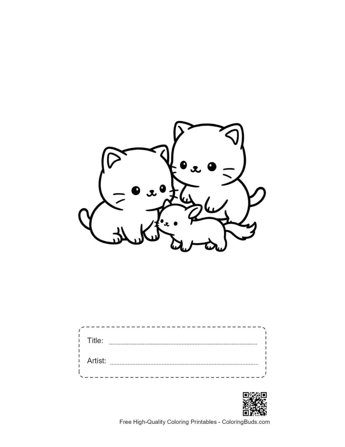 Chibi cat family cuddle printable with title box