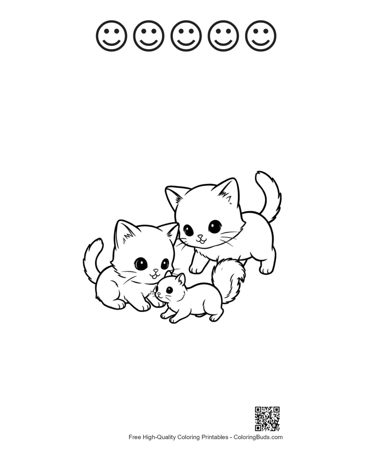 Chibi cat family with happy faces outline