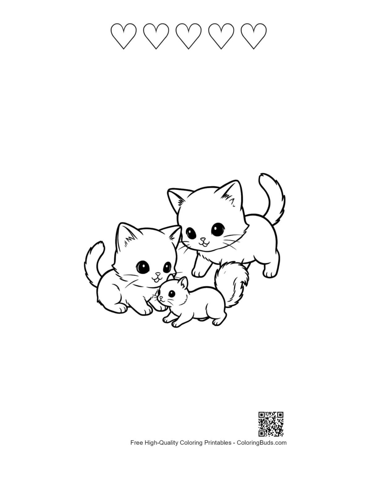 Chibi cats cuddling hearts outline printable
