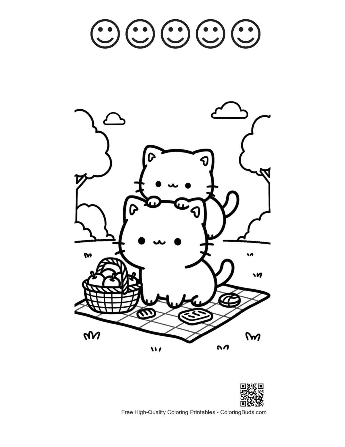 Chibi cats 5 happy faces coloring sheet
