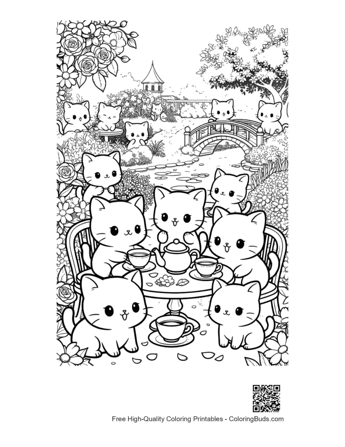 Chibi-Katzen Teeparty outdoor Malvorlage druckbar