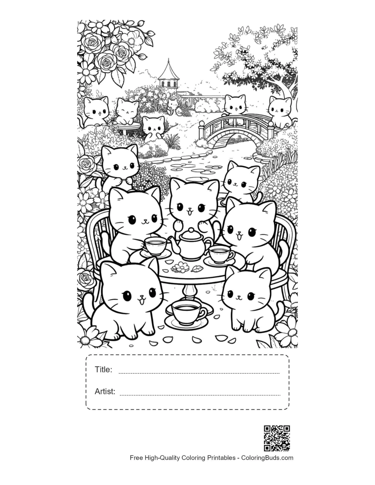 Chibi-Katzen Teeparty druckbar mit Titel Künstlerfeld