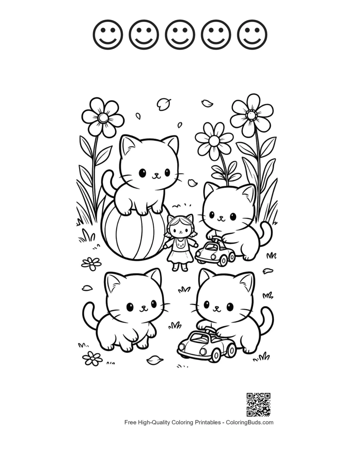 Chibi cats with 5 happy faces outline printable