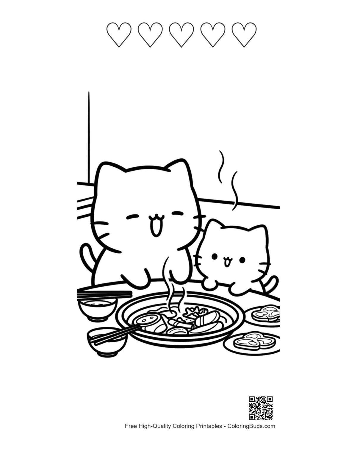Q版猫咪5心形轮廓打印页