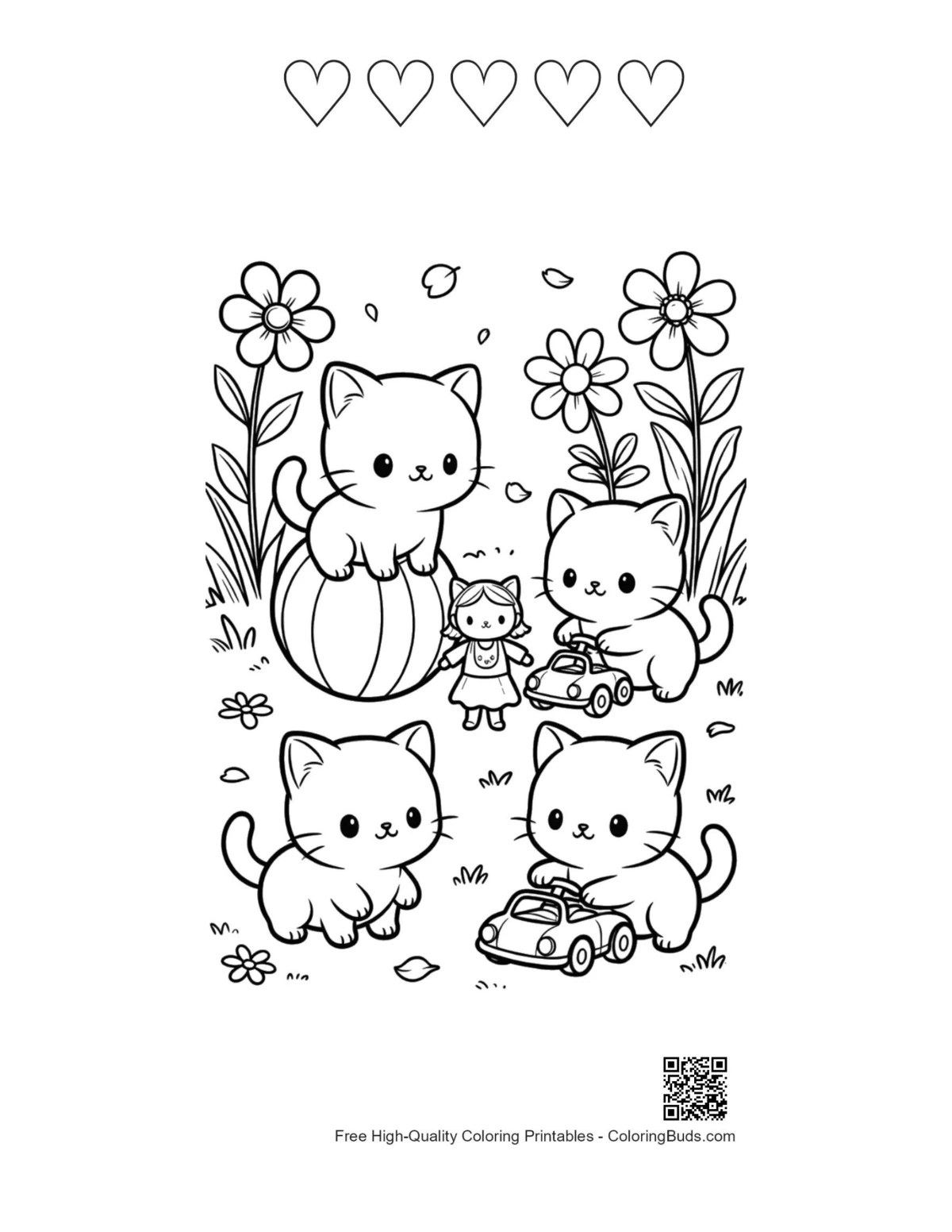 Chibi cats with 5 heart outlines printable design