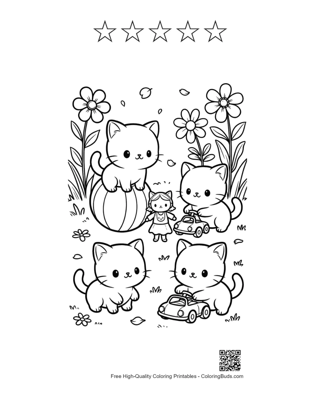 Chibi cats with 5 star outlines printable sheet
