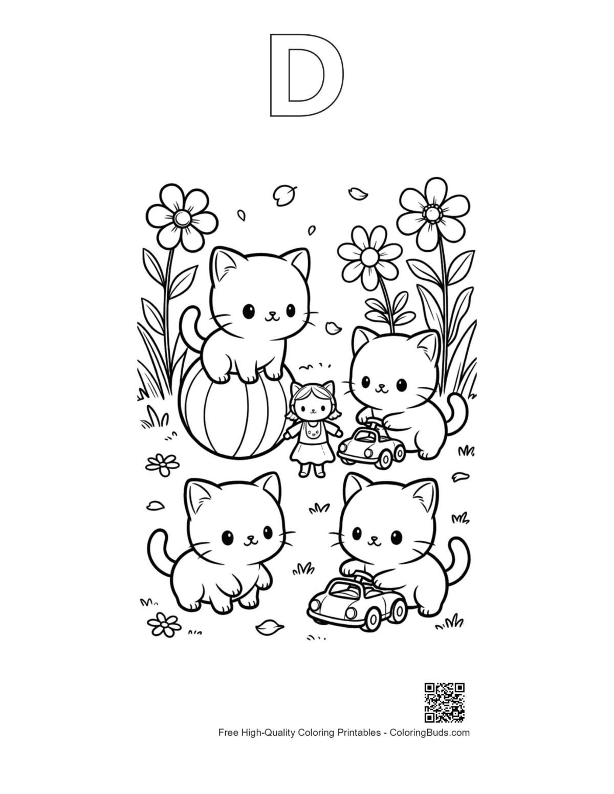 Chibi cats outline alphabet letter D printable