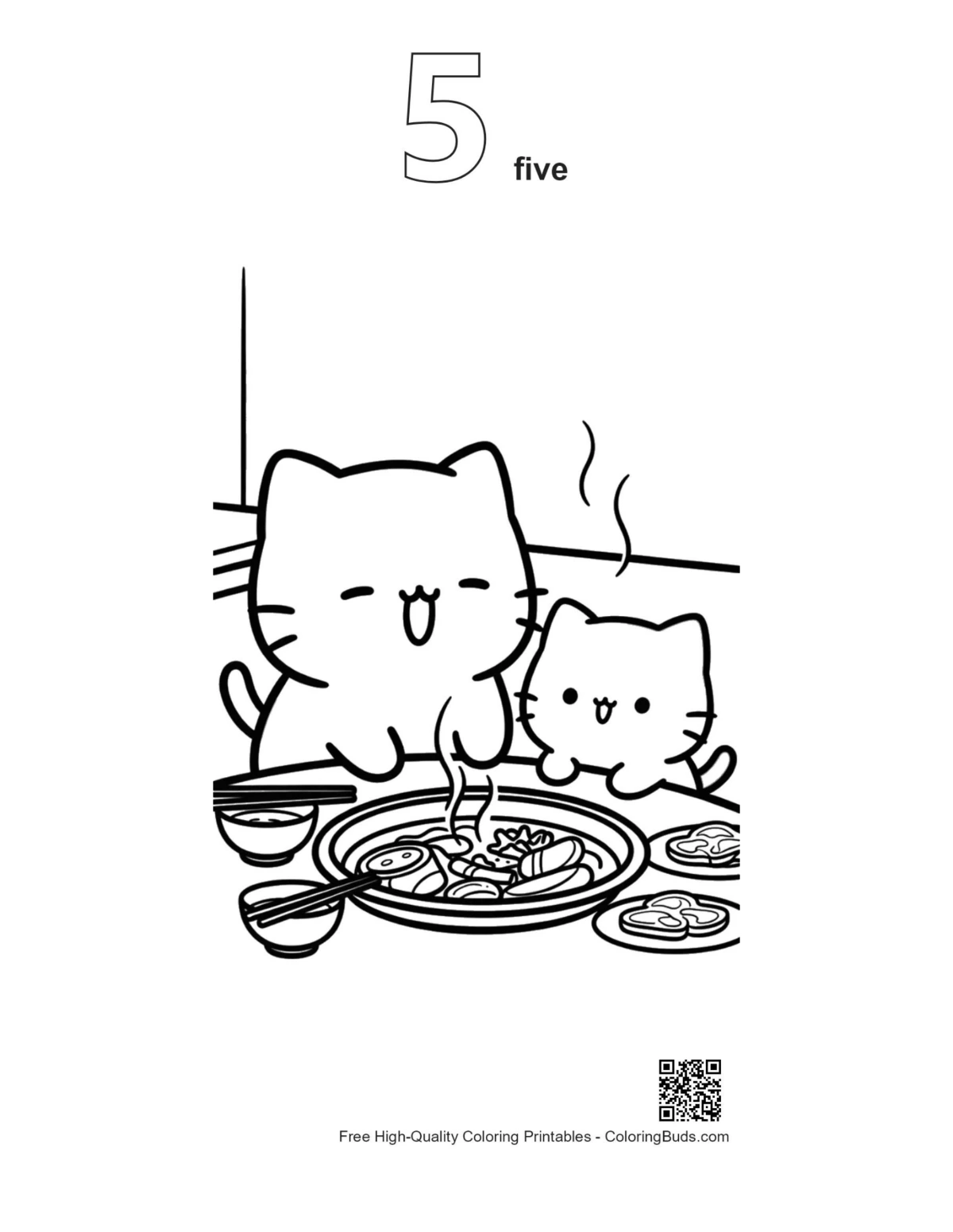 Q版猫咪轮廓数字5打印页