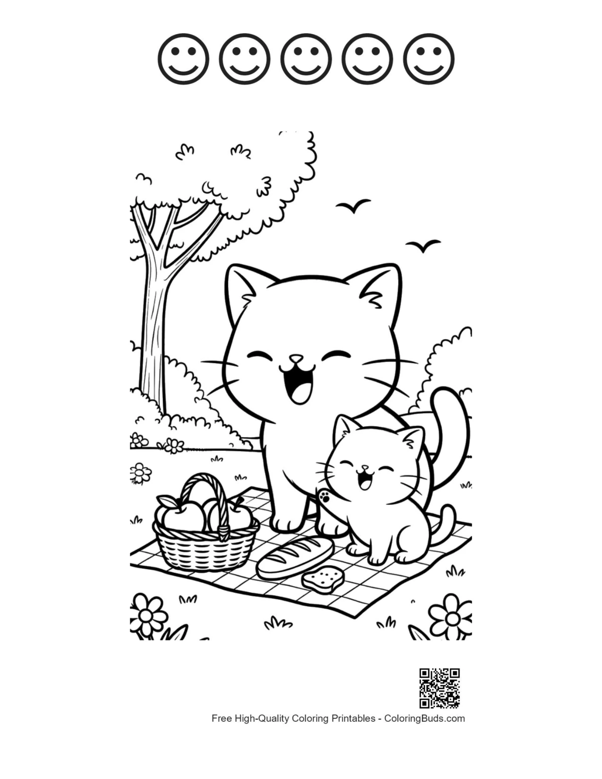 Chibi cats page with 5 happy faces