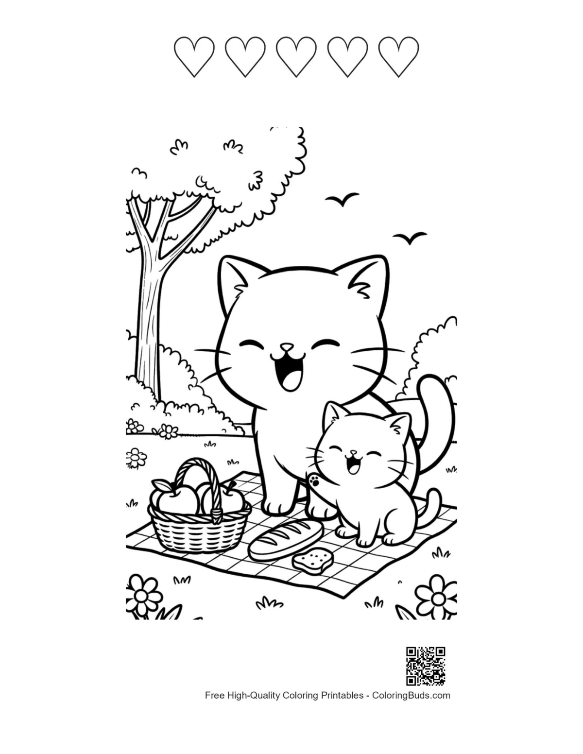Printable chibi cats with 5 hearts