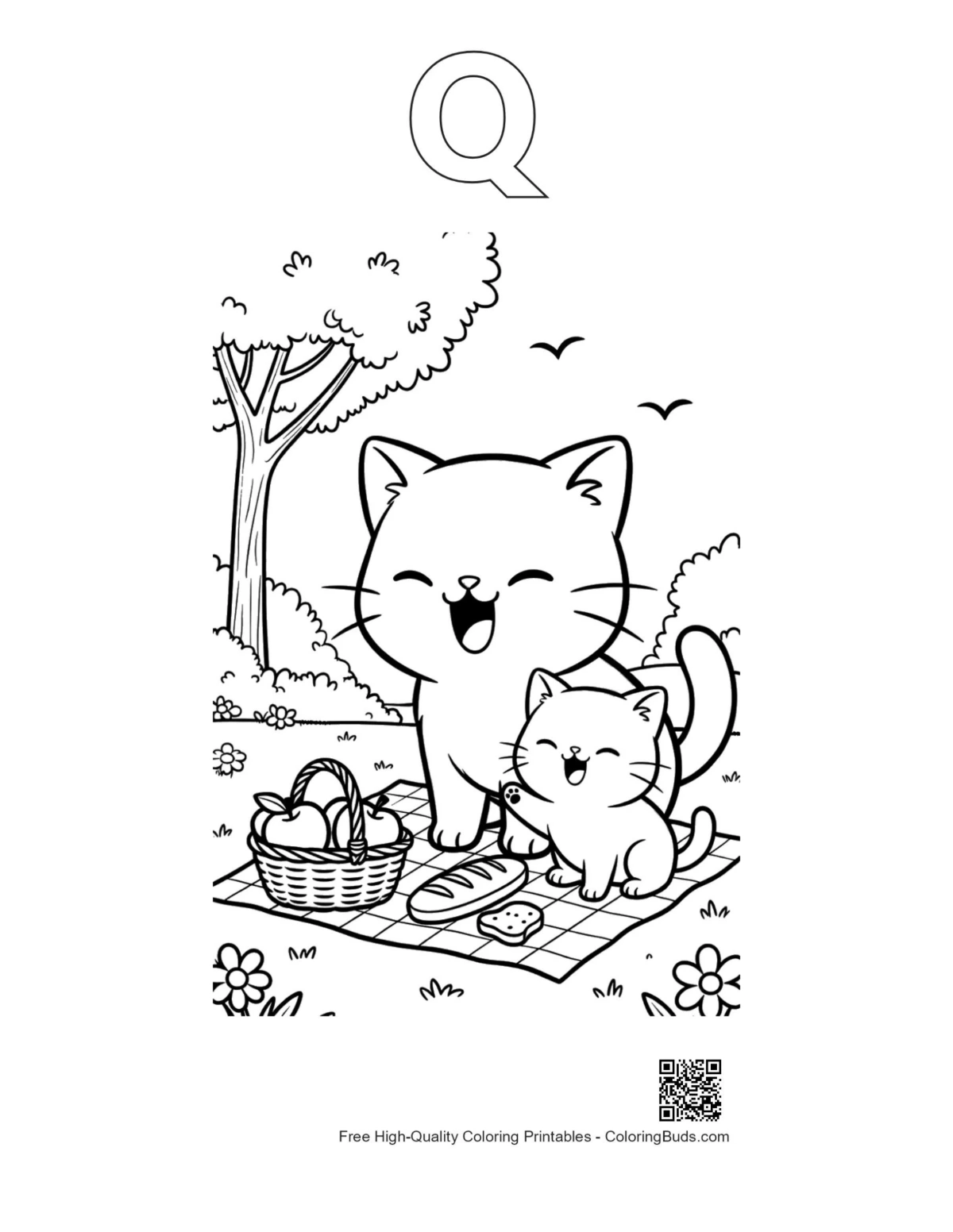 Chibi cats coloring page with Q outline