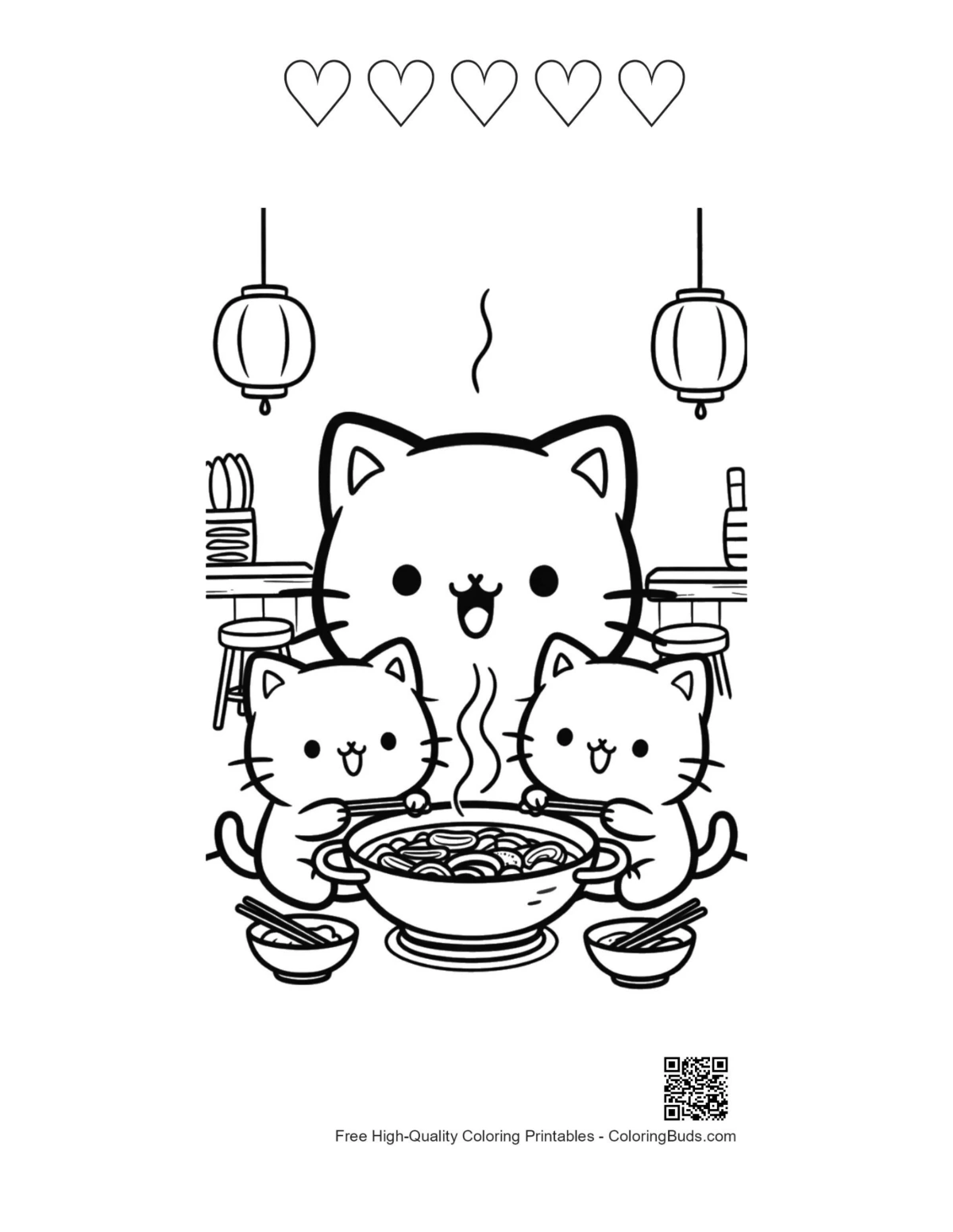 Chibi cat family soup with 5 hearts printable