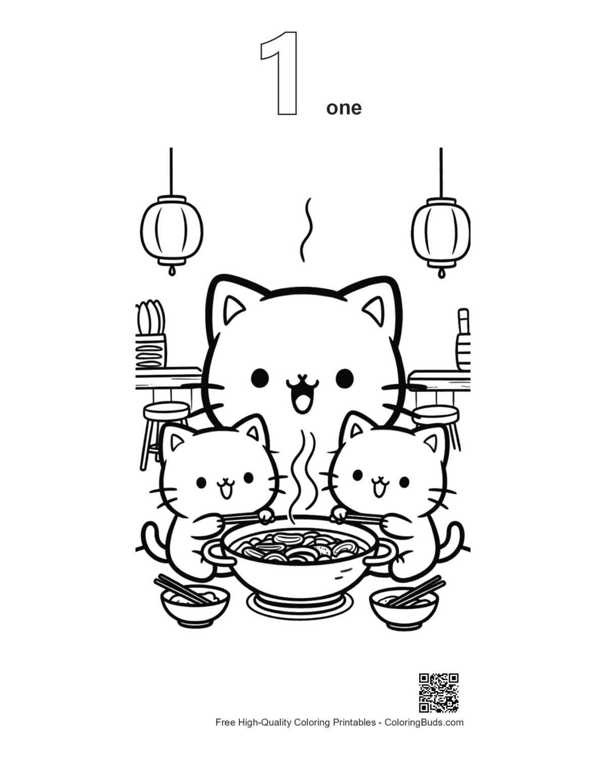 Chibi cat family hot soup outline coloring sheet