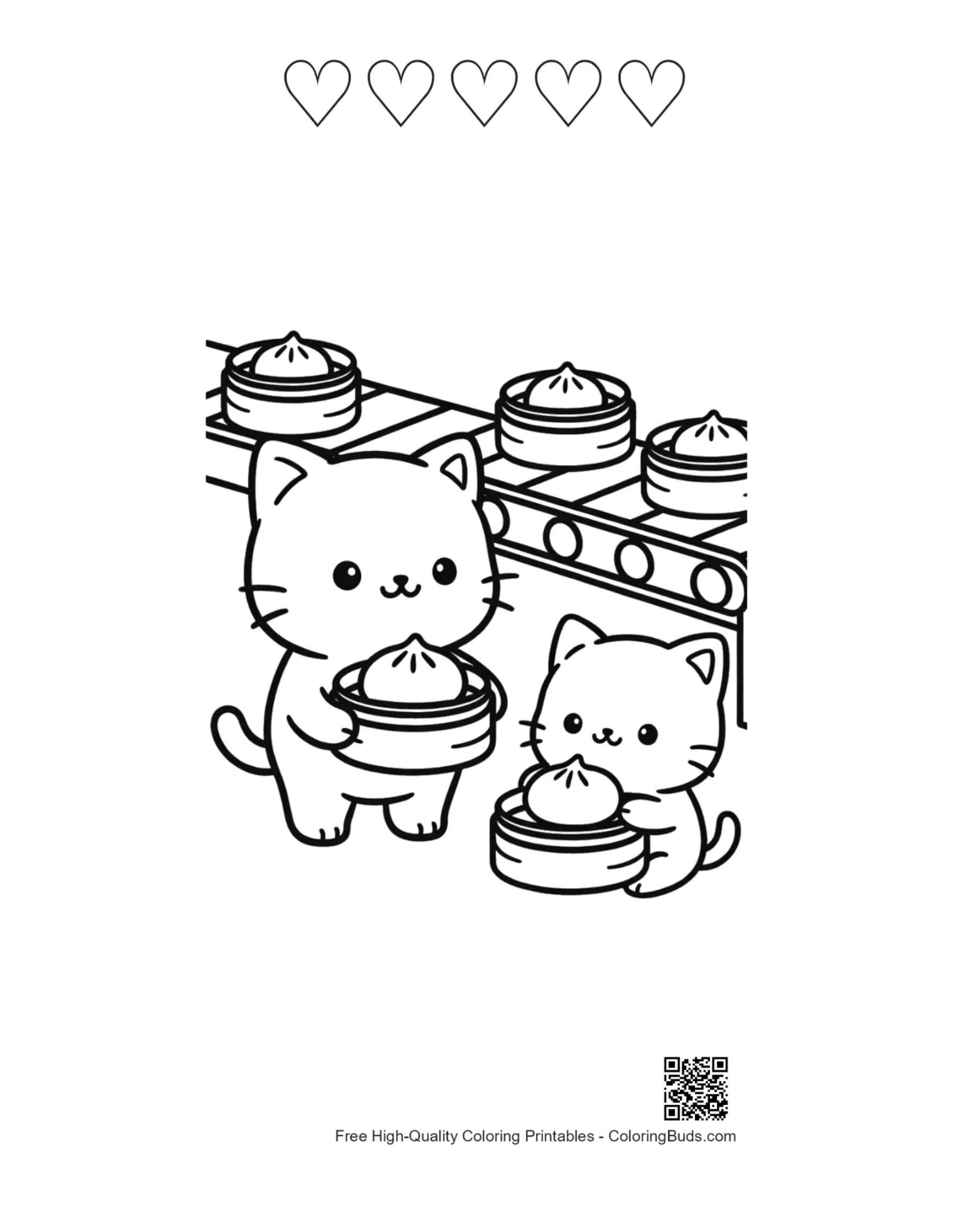 Chibi cats kitchen buns 5 heart outline coloring page