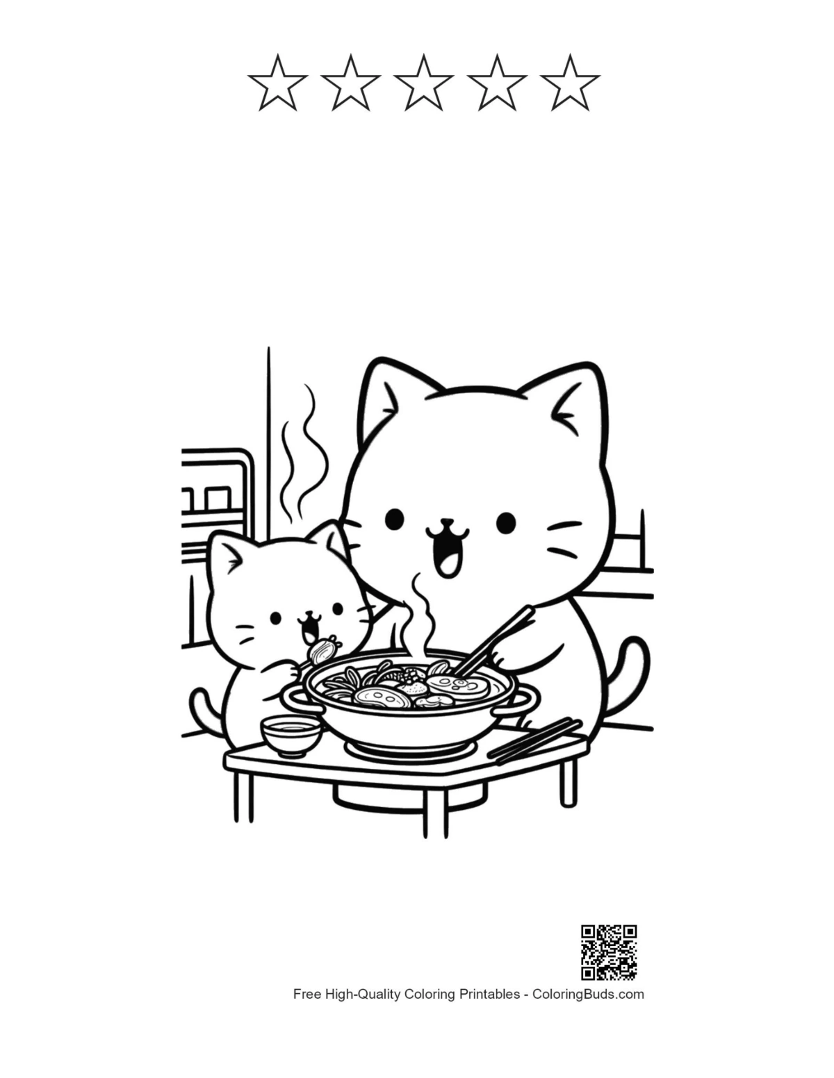 Chibi cats with 5 stars outline printable sheet