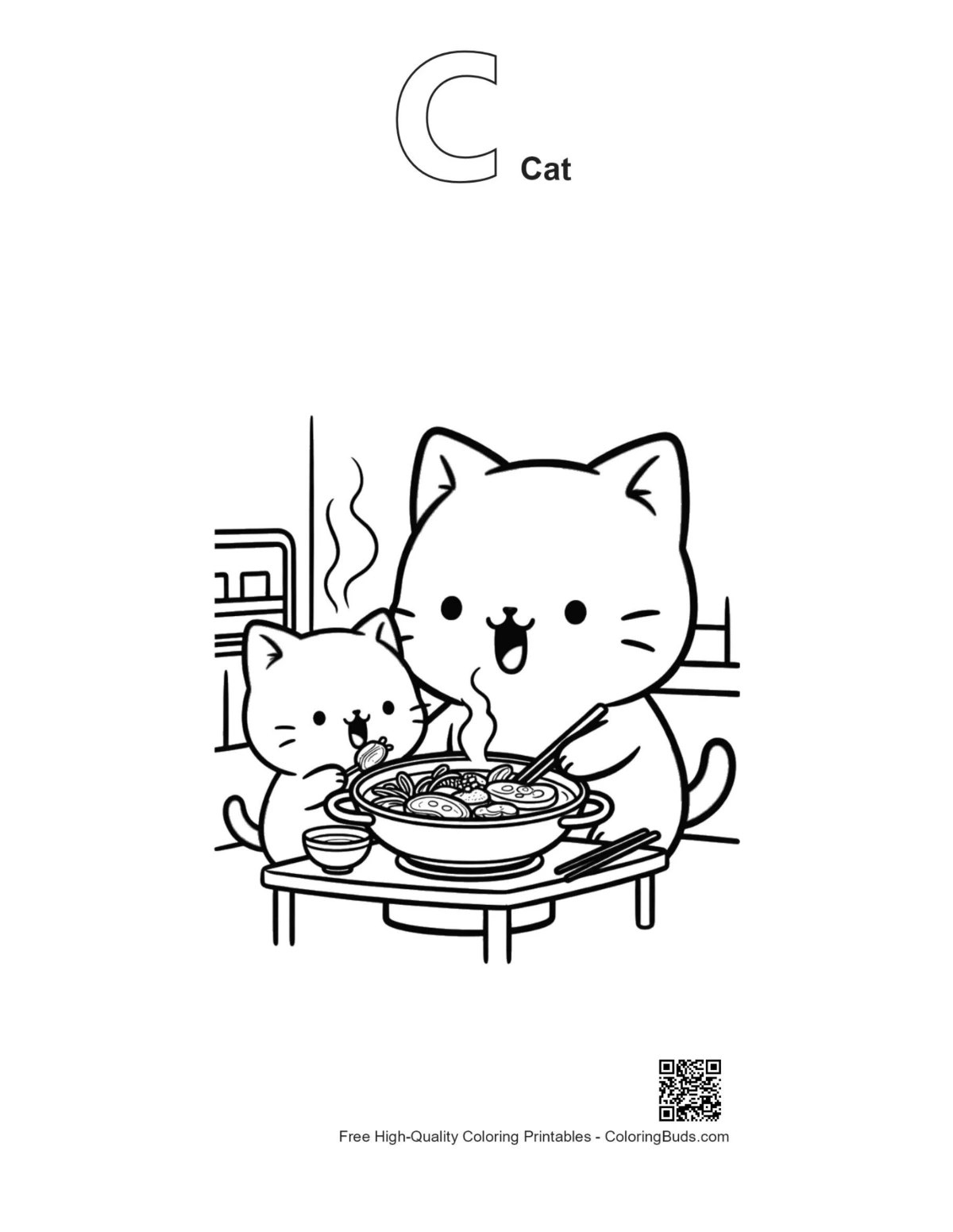 Chibi cats alphabet C cat outline printable