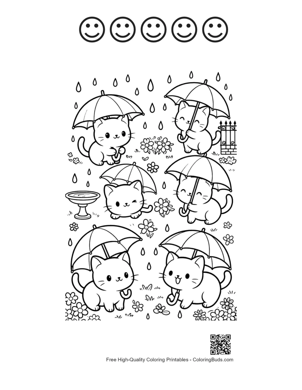 Chibi cats 5 happy faces outline coloring page printable