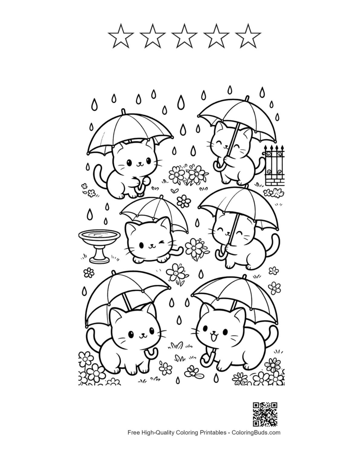 Chibi cats with 5 stars outline printable coloring sheet