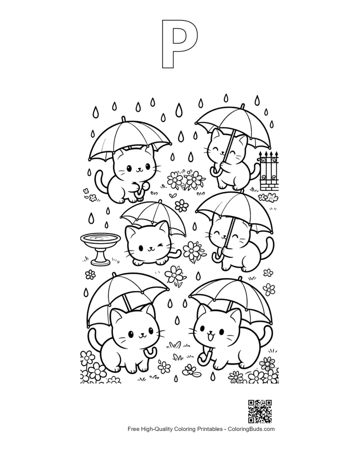 Chibi cats alphabet P outline coloring printable download