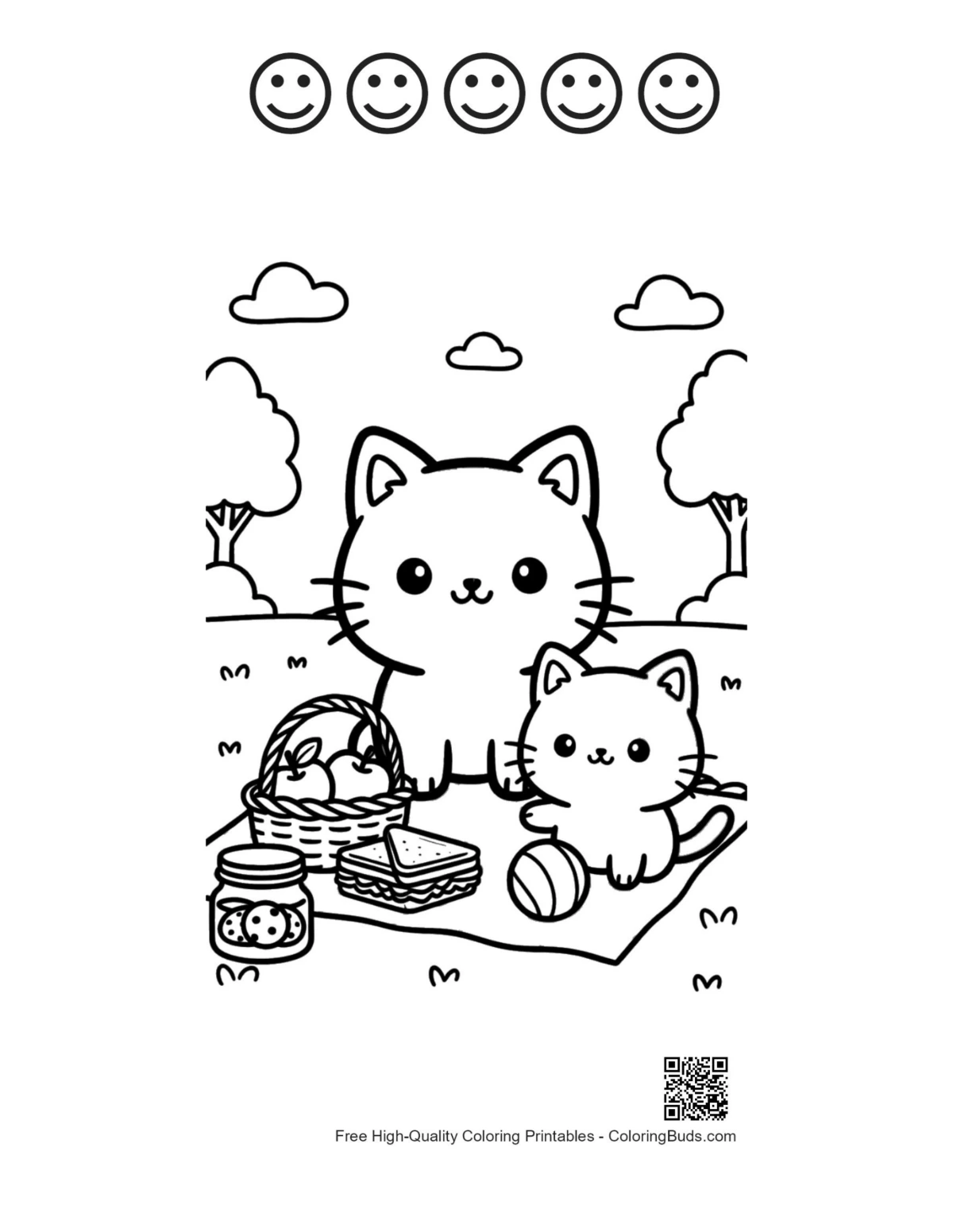 Easy chibi cats printable with 5 happy face outlines