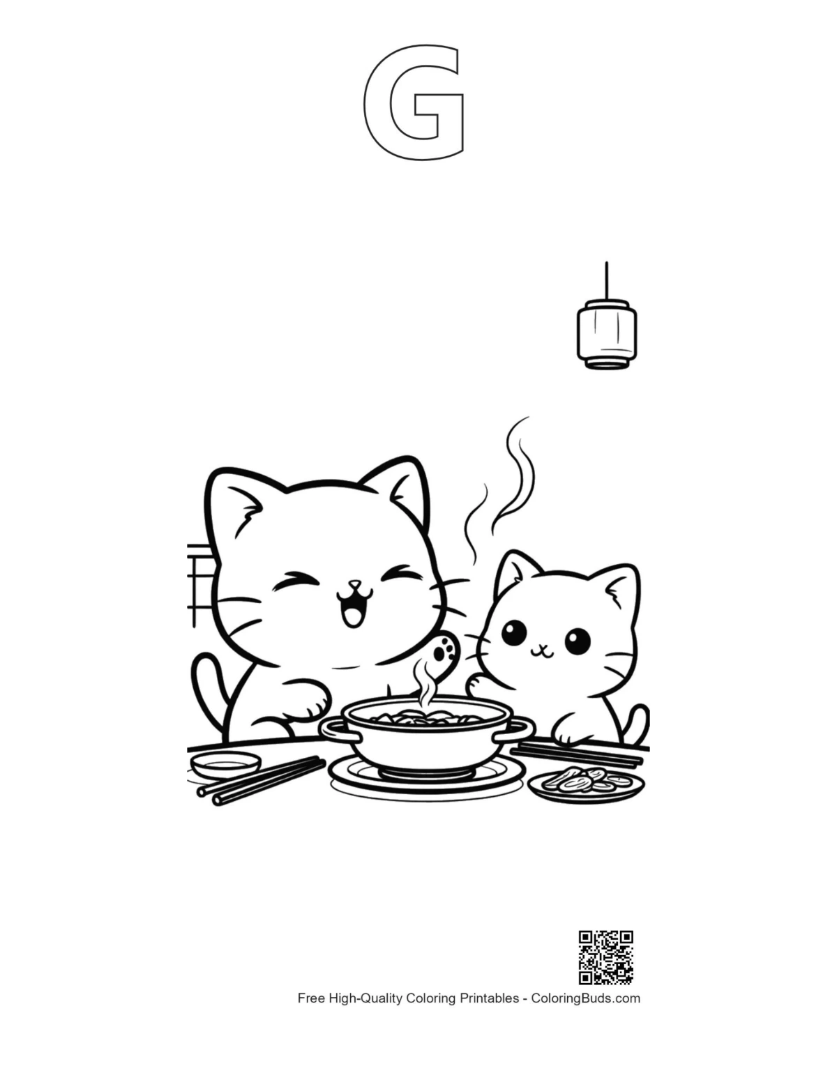 Chibi cats printable alphabet G outline