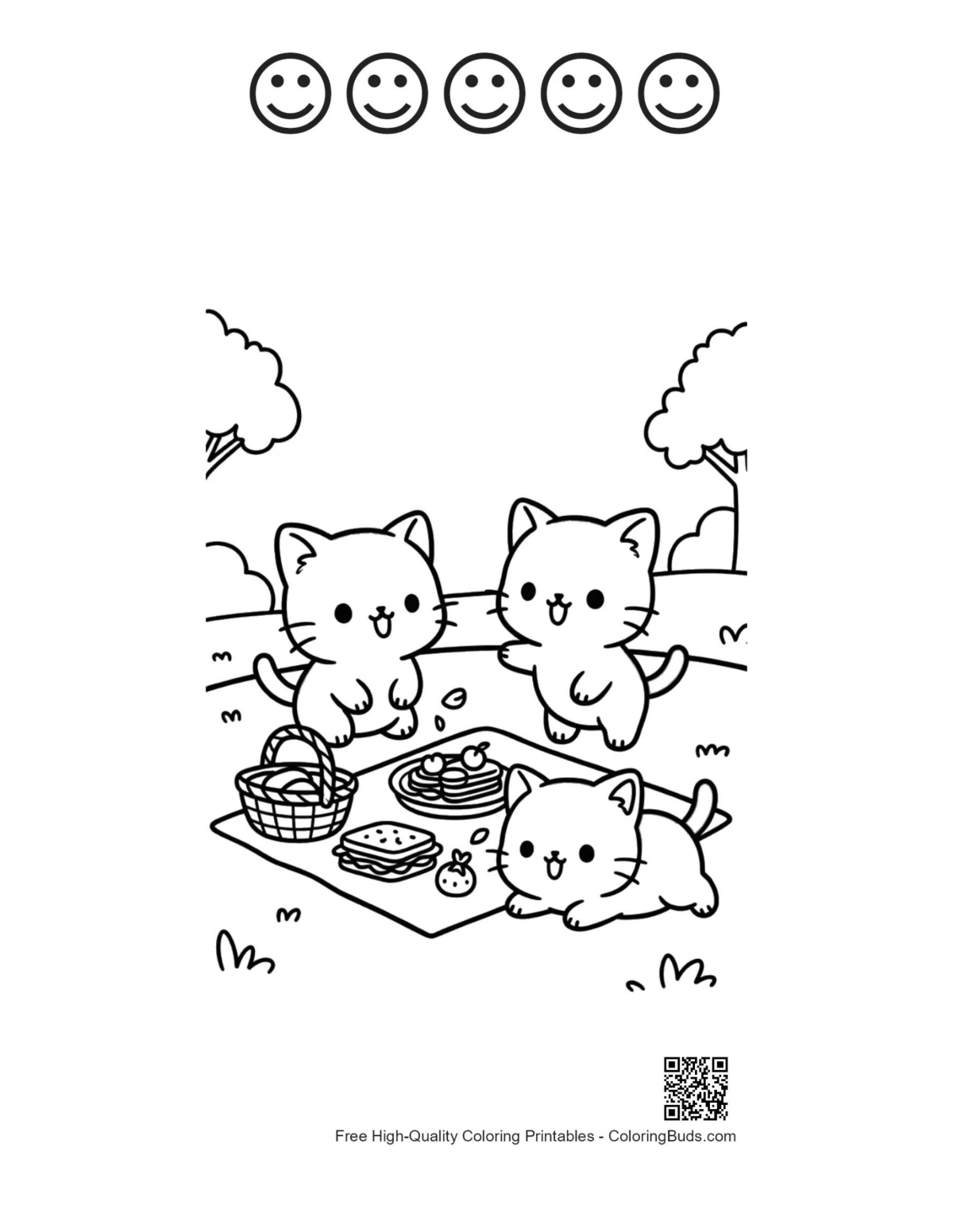 Chibi cats with happy faces outline page