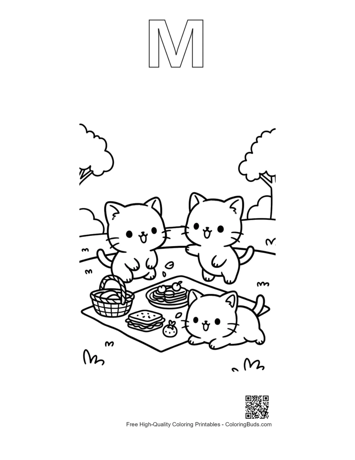 Chibi cats alphabet M coloring outline