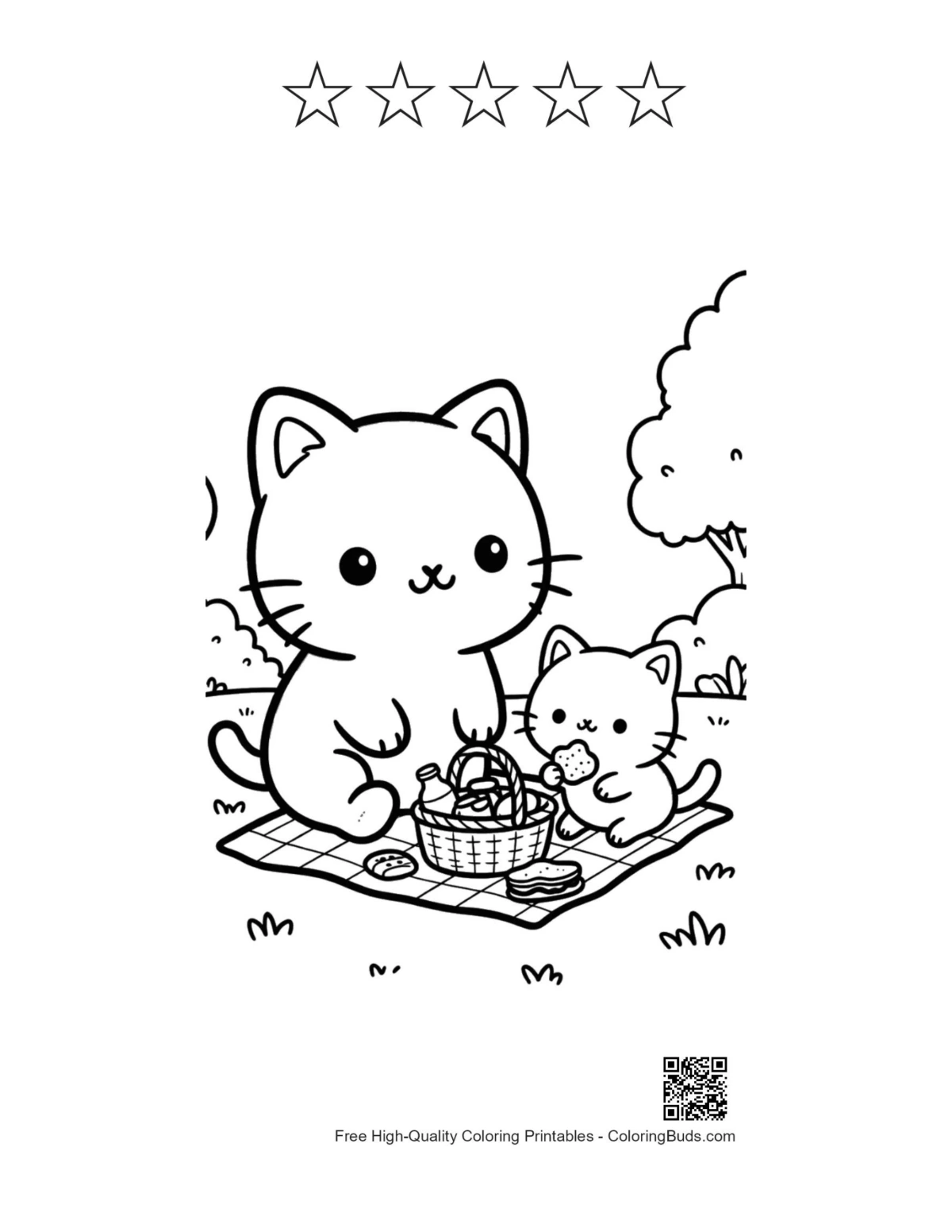 Chibi cats picnic printable with 5 star outlines