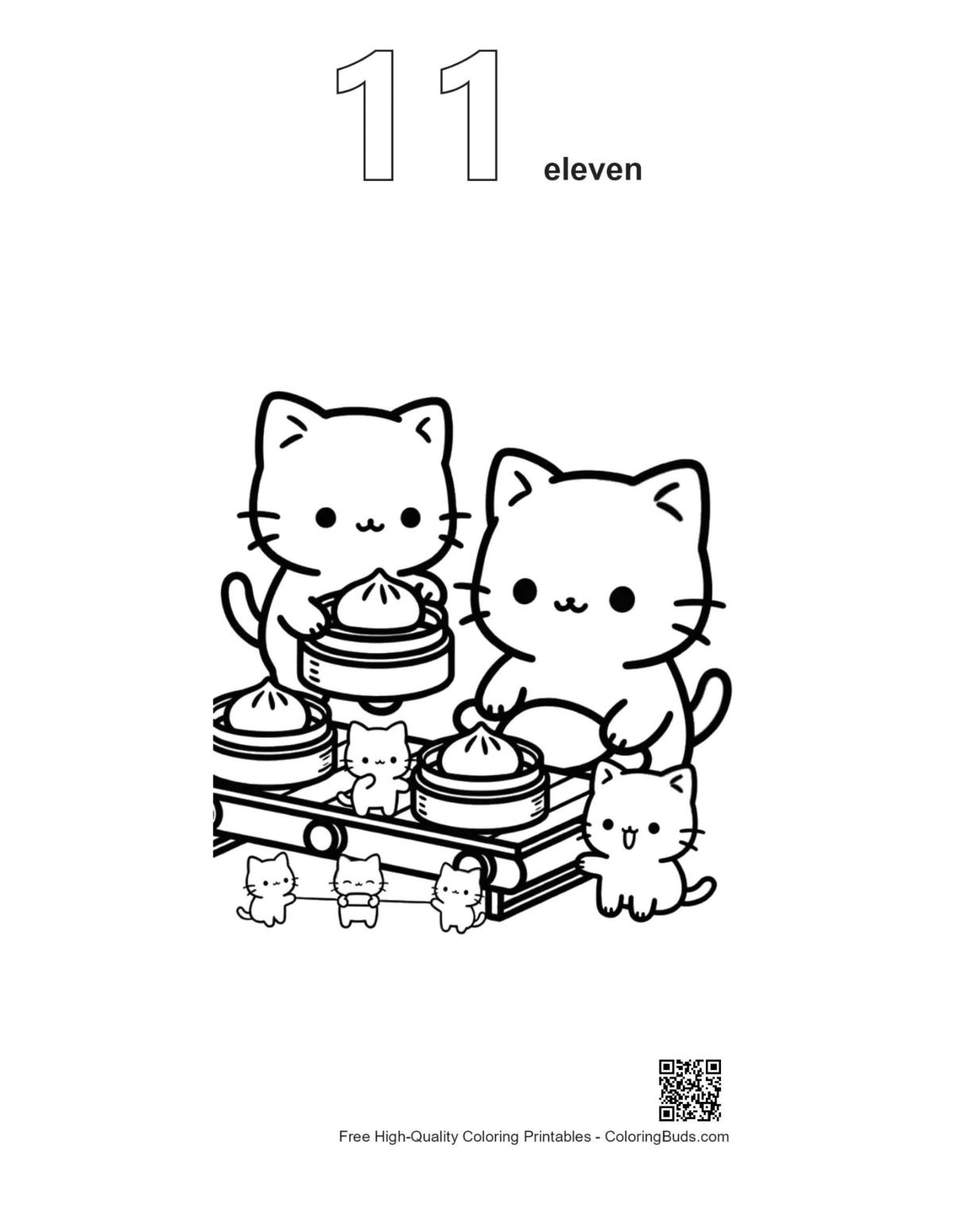 Chibi cats dim sum outline number 11 coloring page