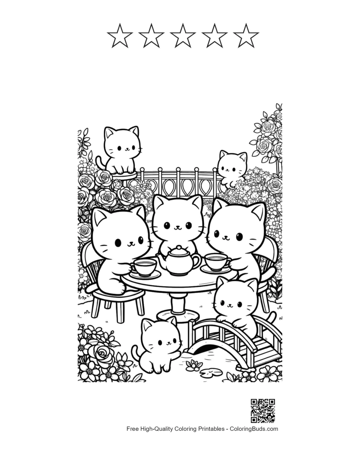 Chibi cats tea party with 5 star outlines