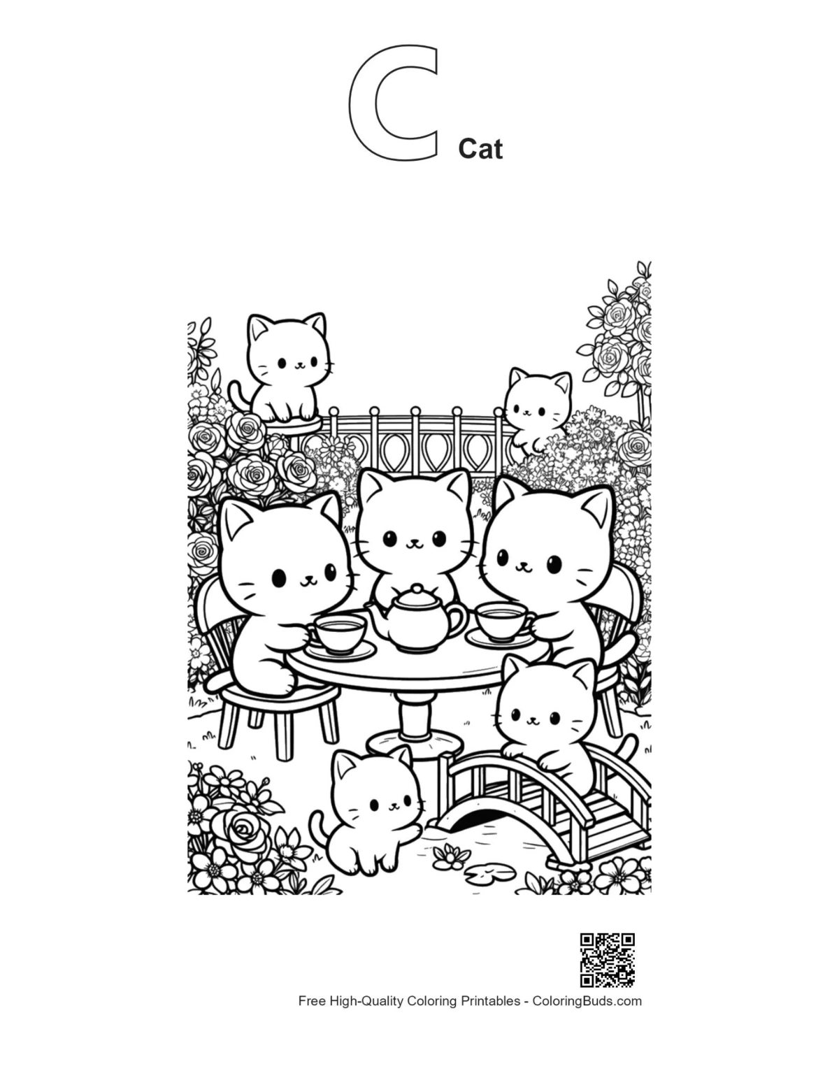 Chibi cat tea party outline with alphabet C