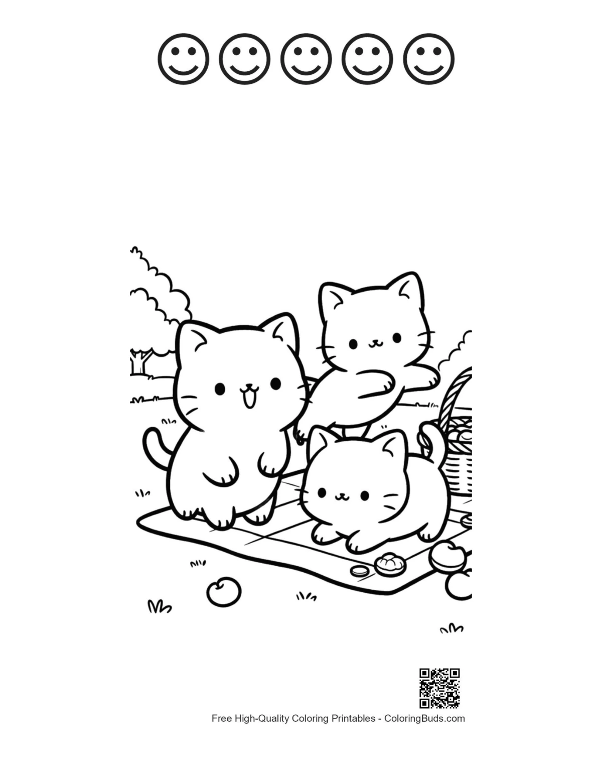 Chibi kittens picnic 5 happy faces outline printable