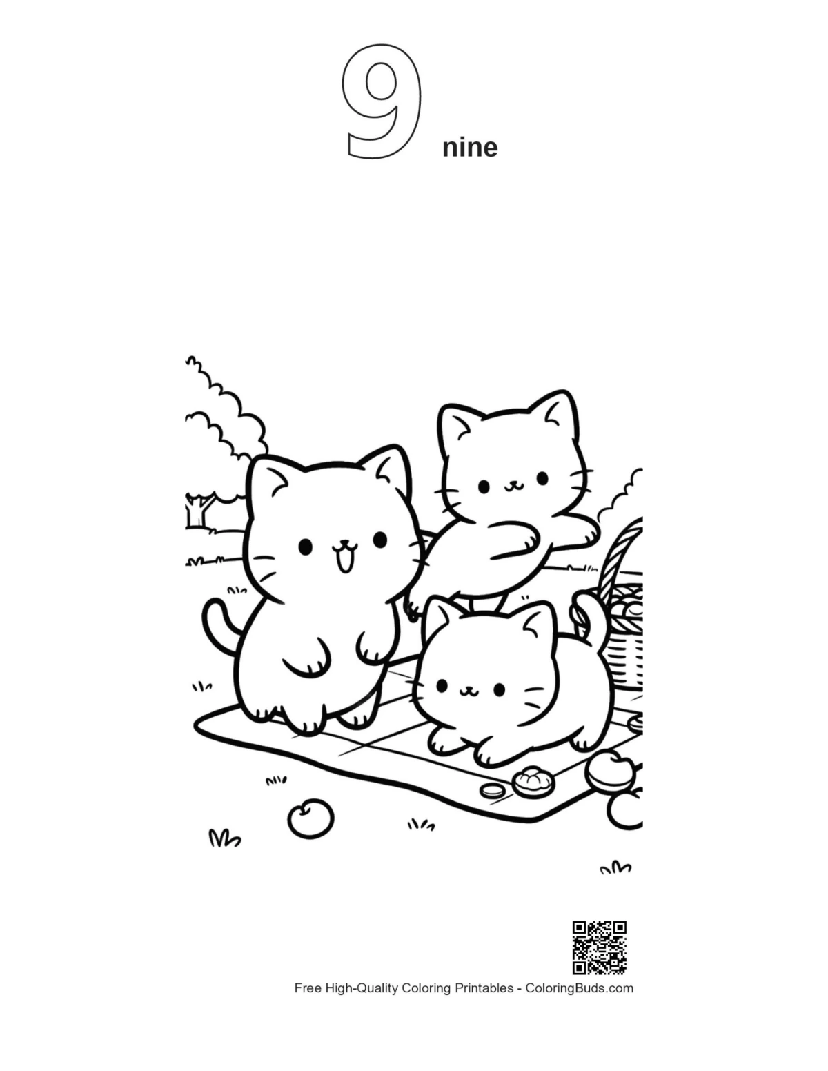 Chibi kittens picnic outline number 9 coloring page