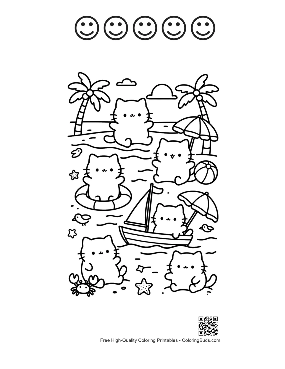 Cats beach picnic sunset with 5 happy face outlines printable