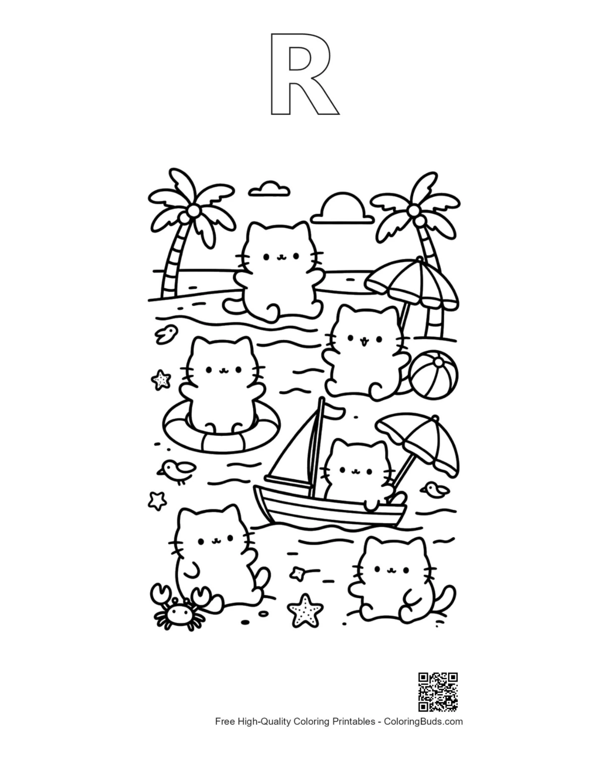 Cats beach picnic sunset outline alphabet R coloring page