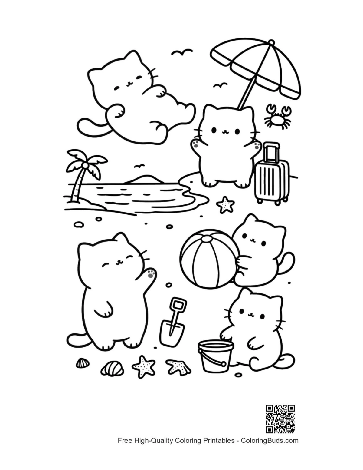可爱猫咪海边夏日度假涂色打印