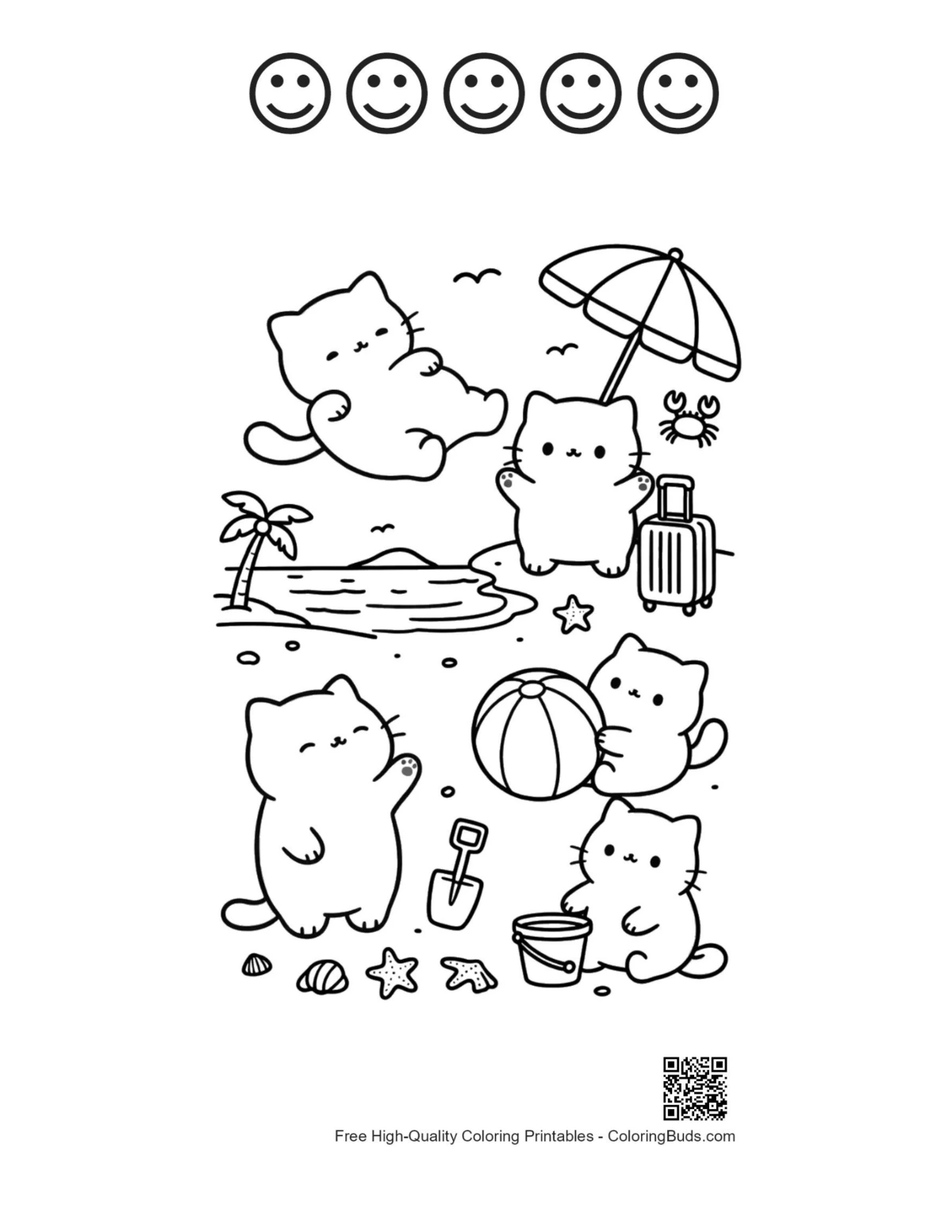 猫咪海边打印五笑脸轮廓涂色