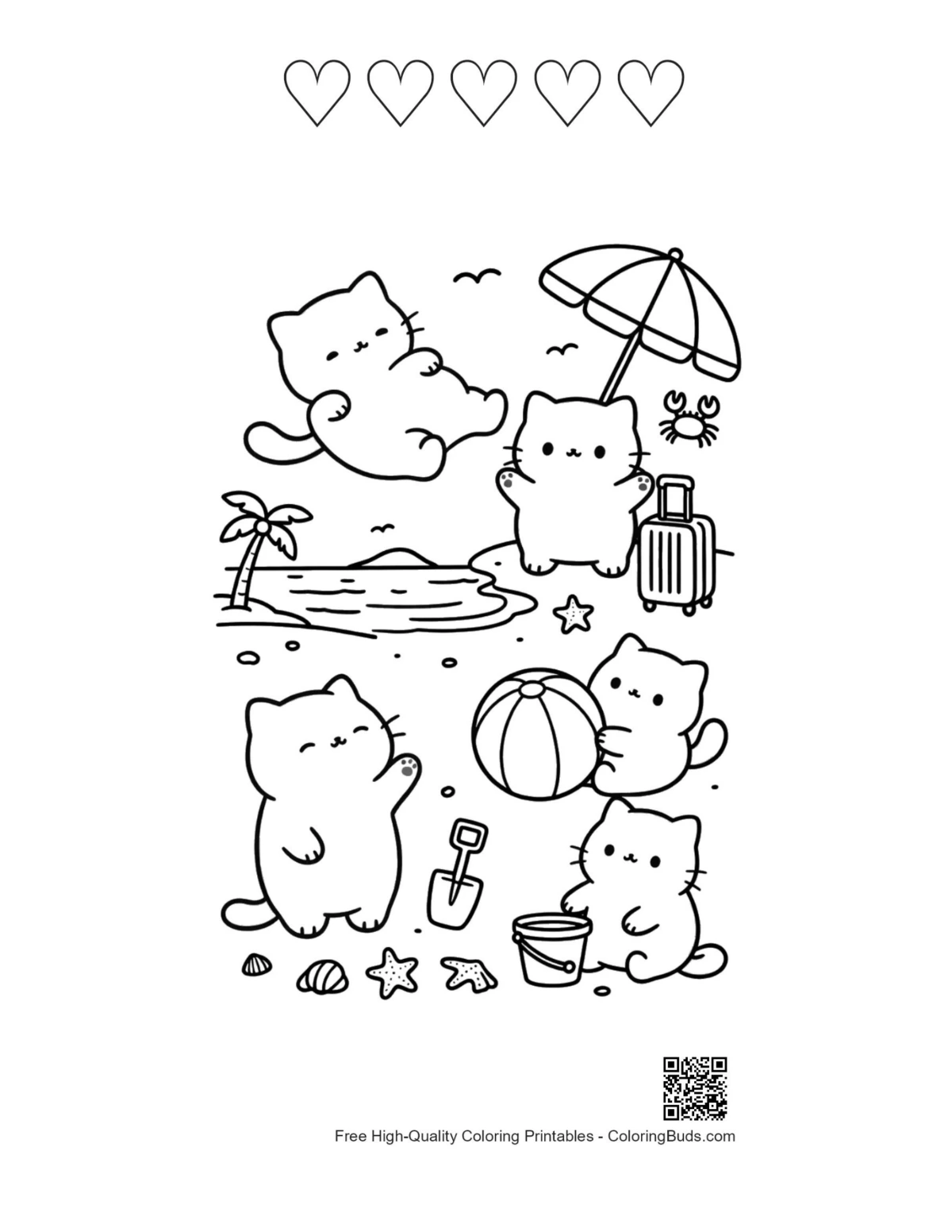可爱猫咪度假打印五心形轮廓海边版