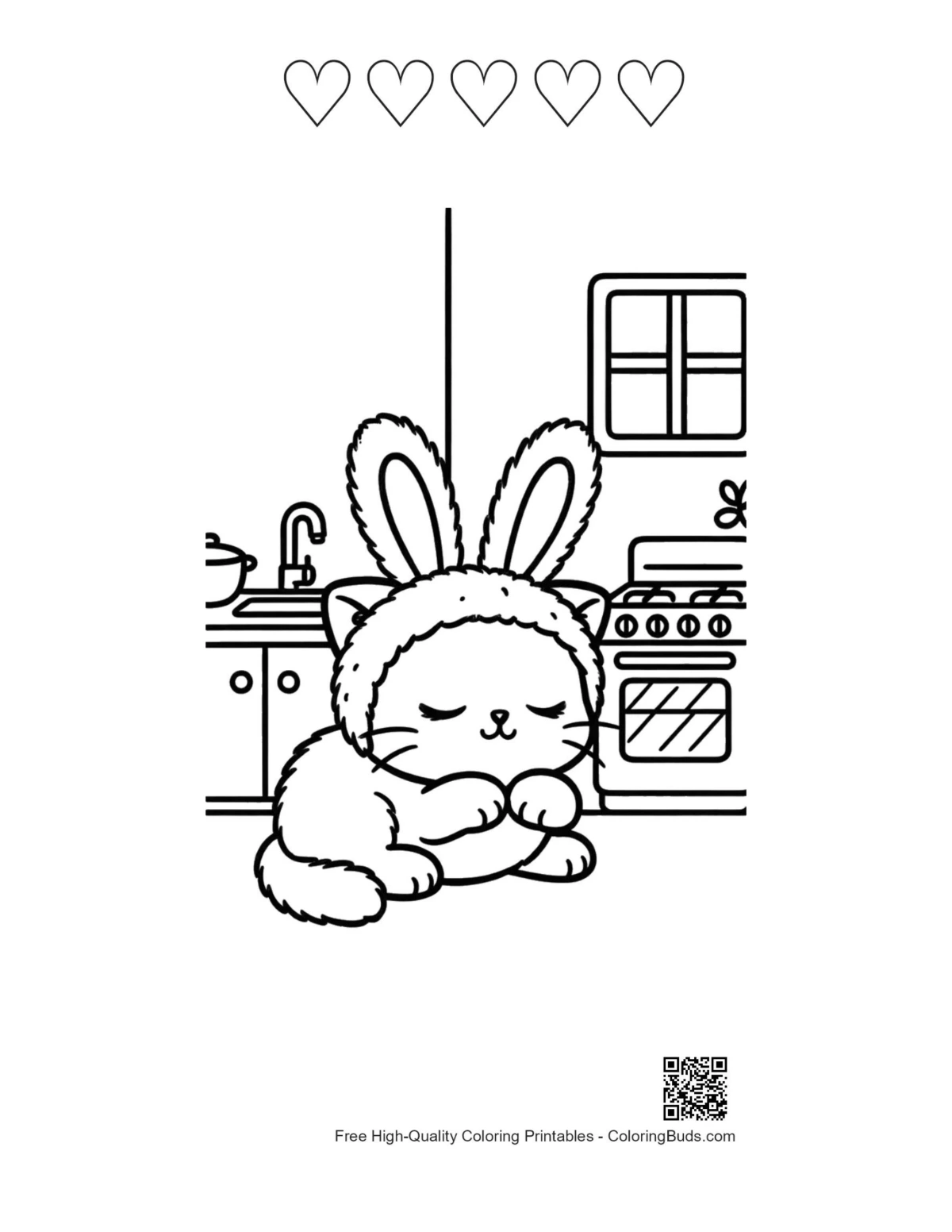 Kitten bunny ears sleeping kitchen with 5 heart outlines
