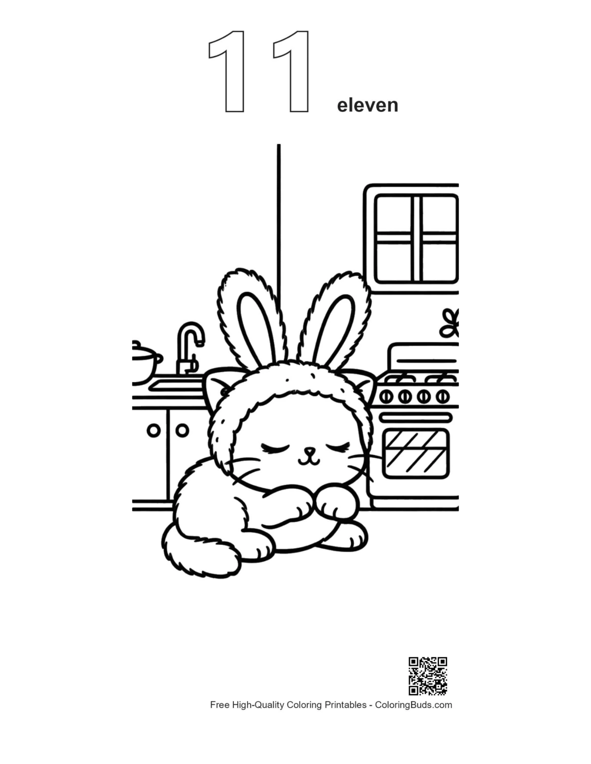 Number 11 outline kitten bunny ears sleeping kitchen printable