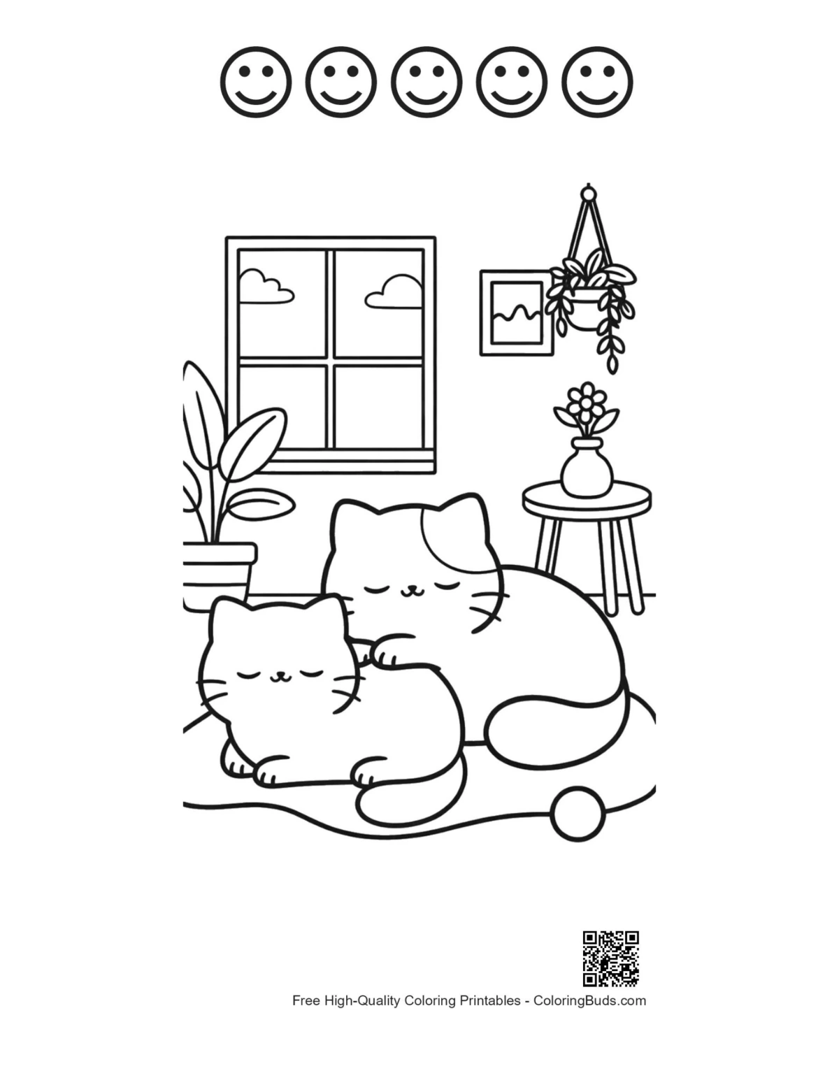 5 happy faces outline cuddling cats printable