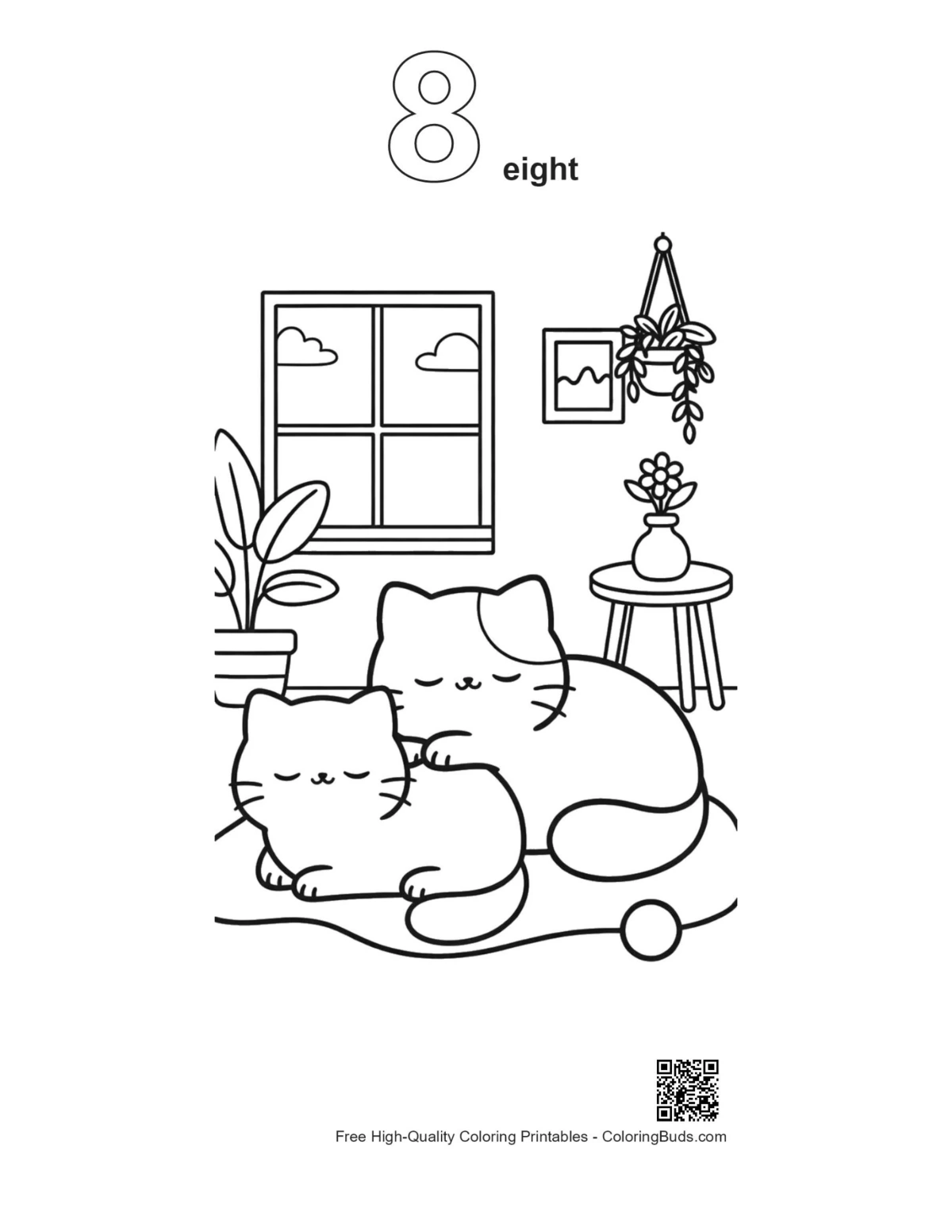 Number 8 outline baby cats cuddling printable
