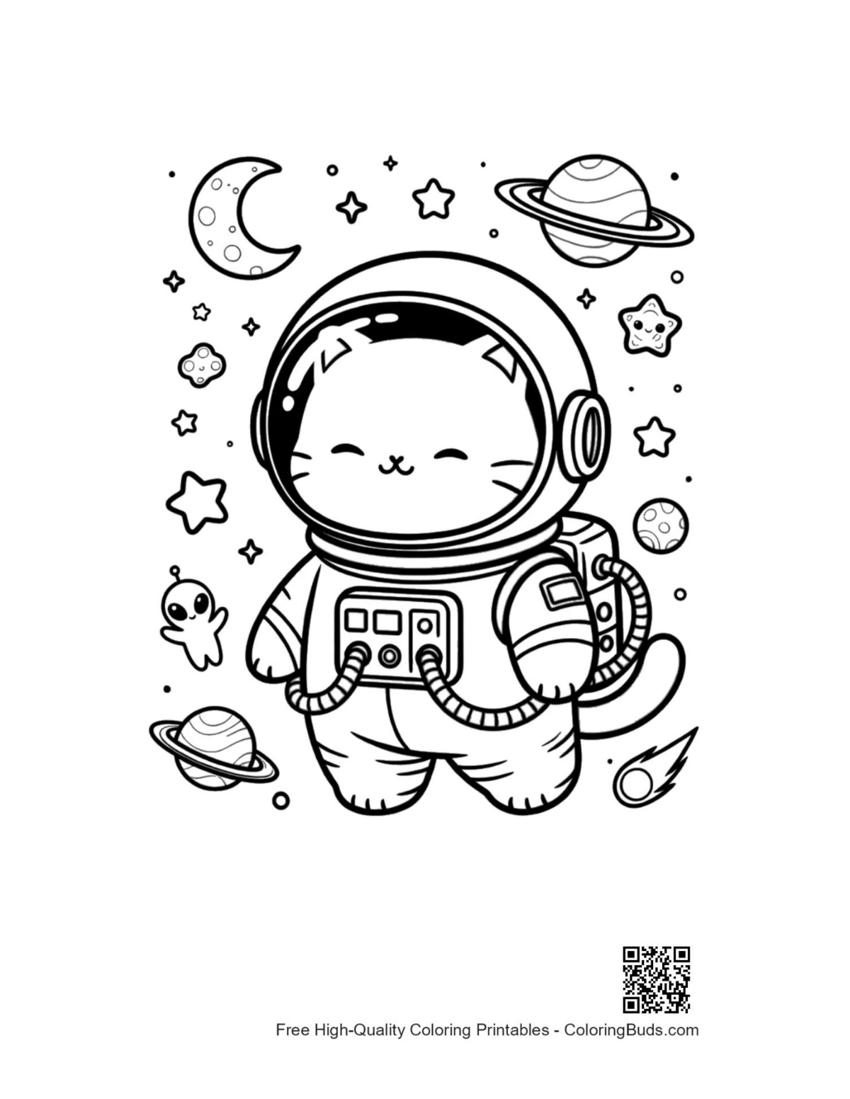 schattige astronaut kat zweeft raket ruimte printbaar