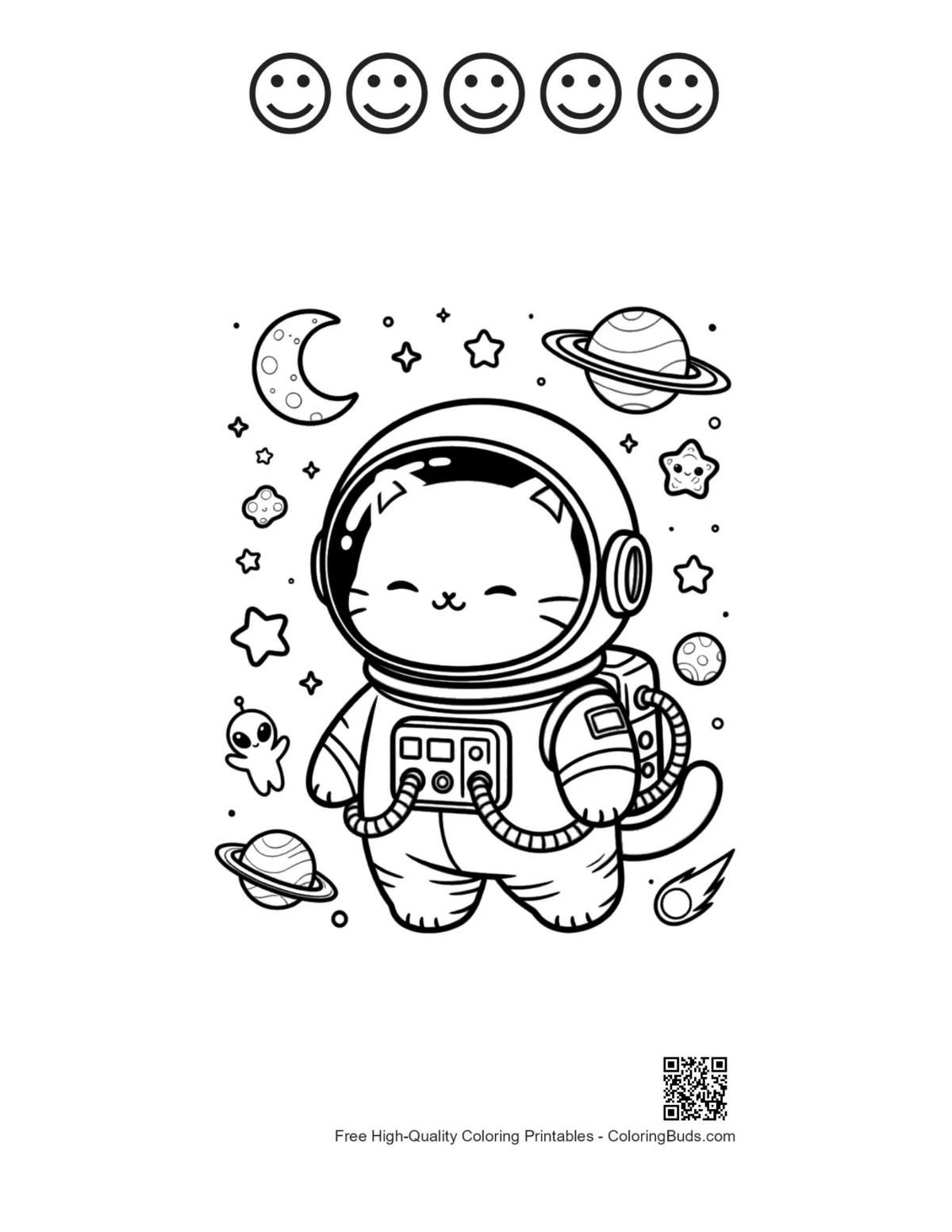 schattige astronaut kat met 5 blije gezichtjes outline printbaar