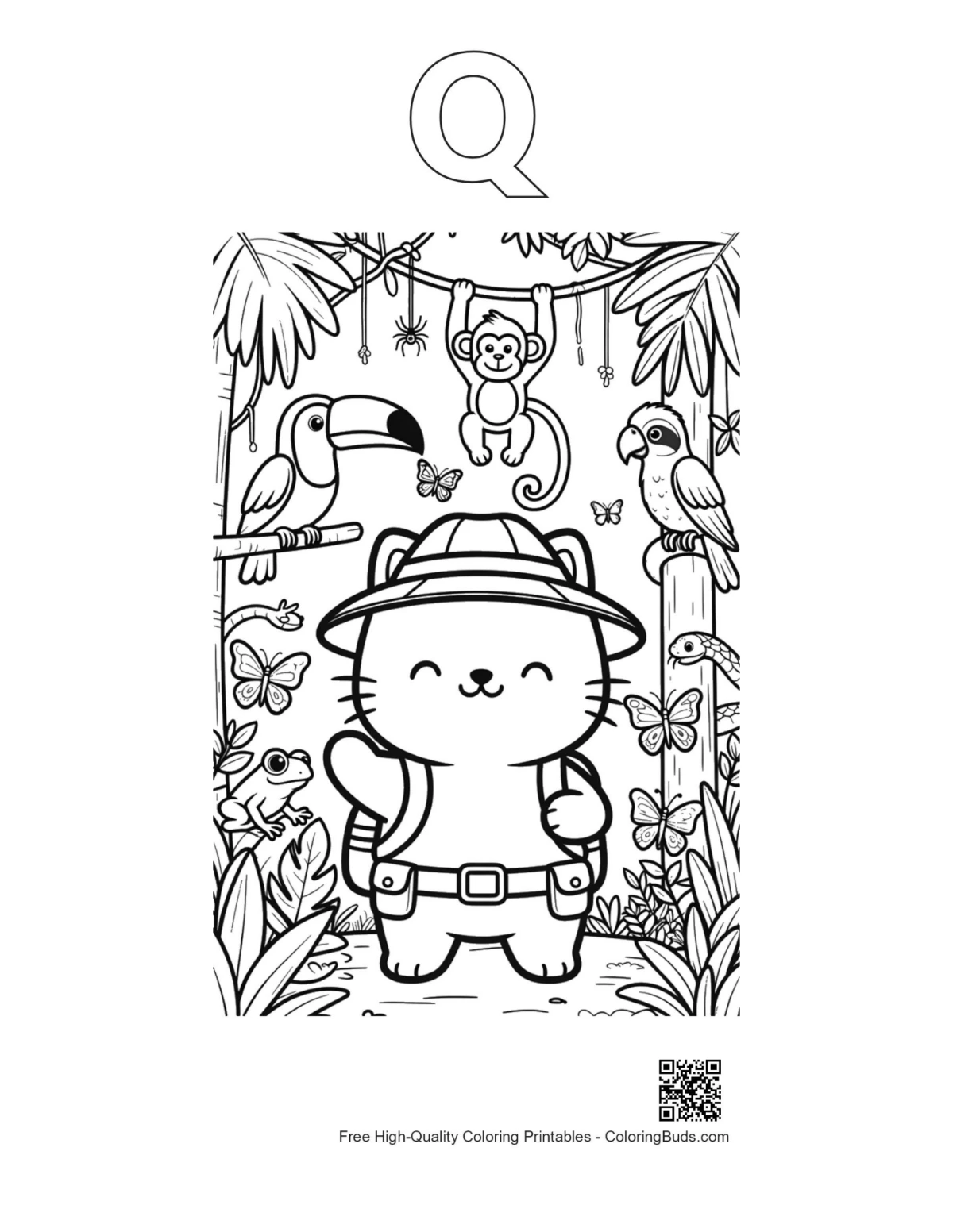 Cute cats alphabet Q outline printable