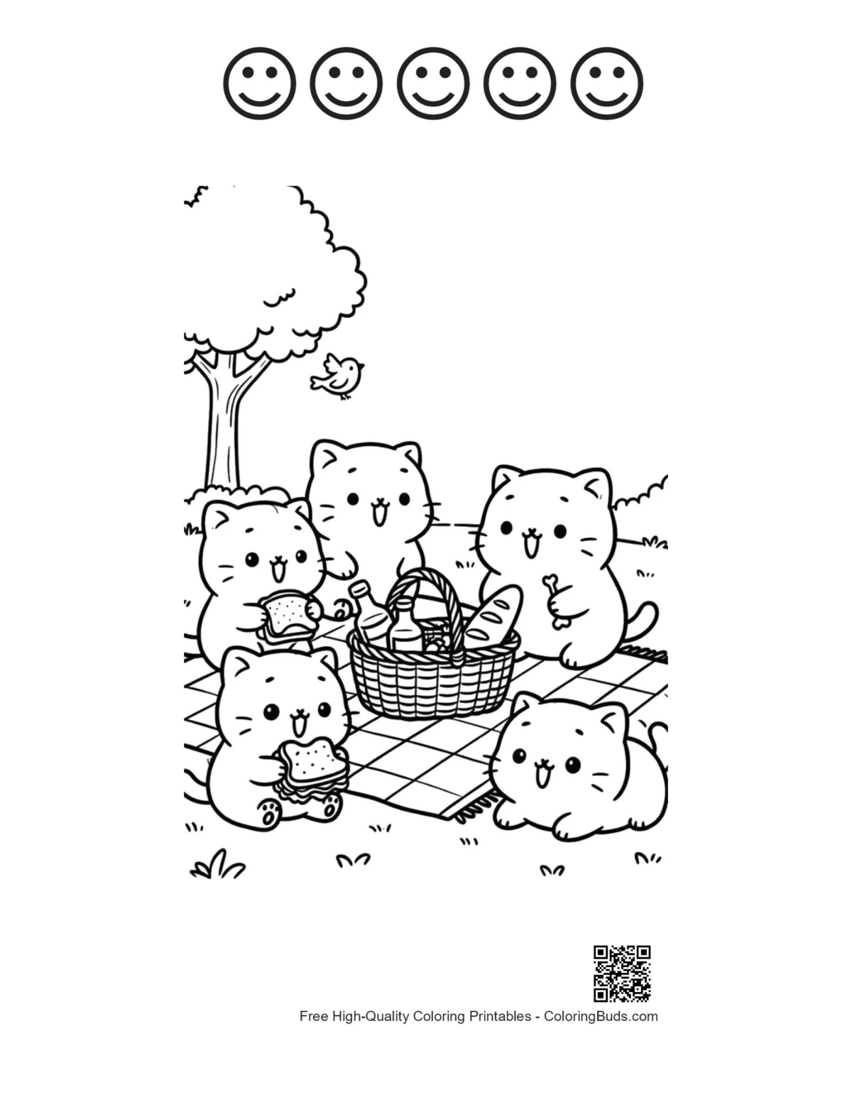 Printable cute cats and 5 happy faces outlines