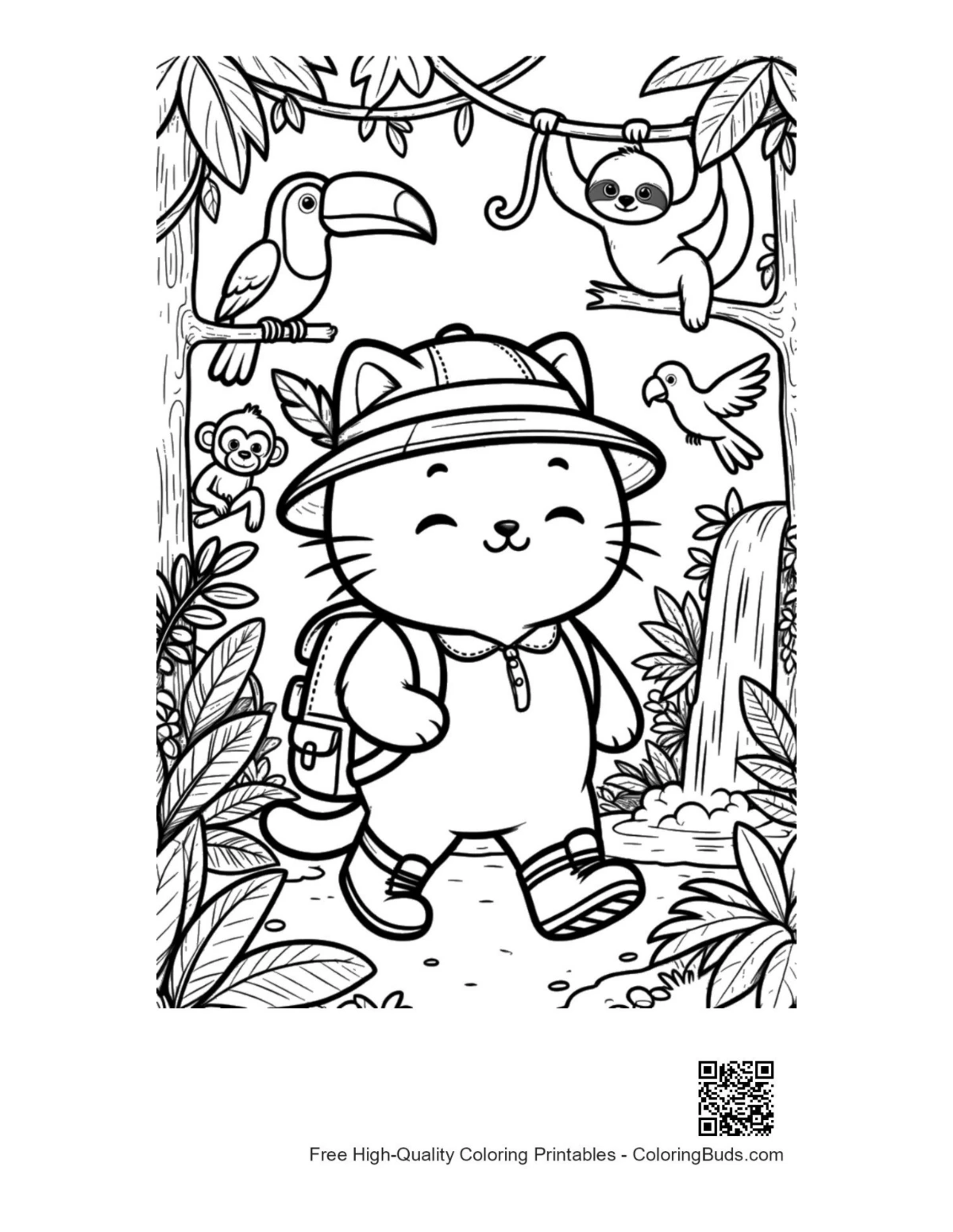 Cute hiker kitten in tropical jungle forest coloring page