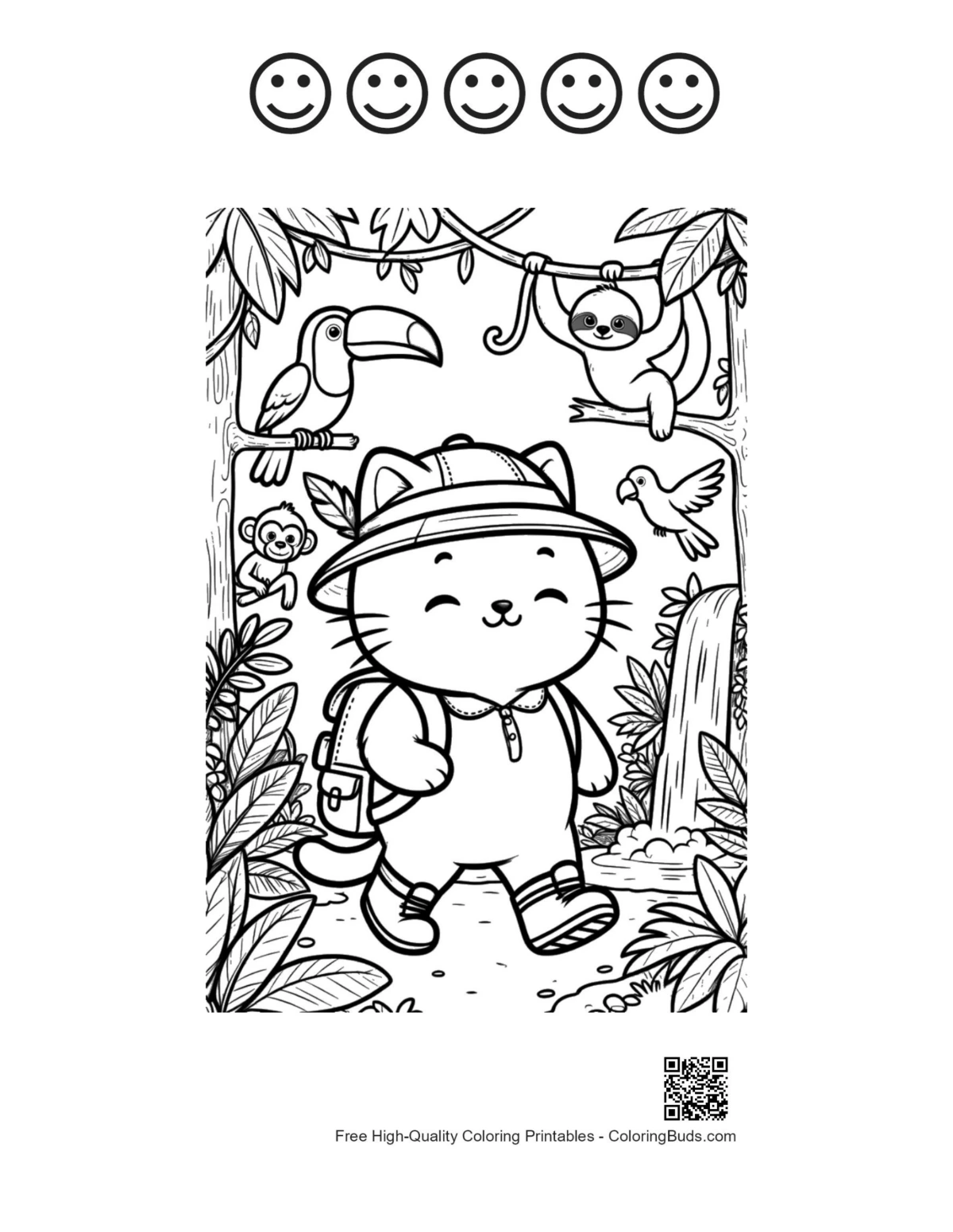 Cute hiker kitten jungle with 5 happy faces