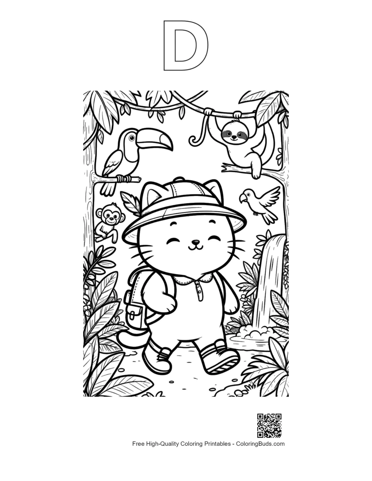 Cute kitten jungle explorer with alphabet D outline